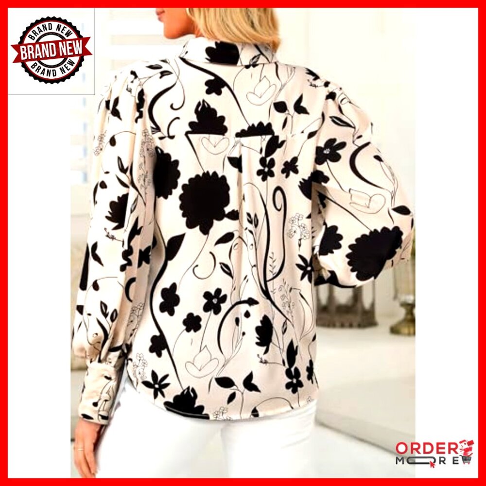 Long Sleeve Button Down Blouse, Polyester, Deep V… - image 6